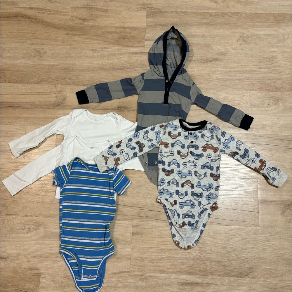 Kids Long Sleeve Hooded One-Piece and Bodysuit Set - Blue & Gray